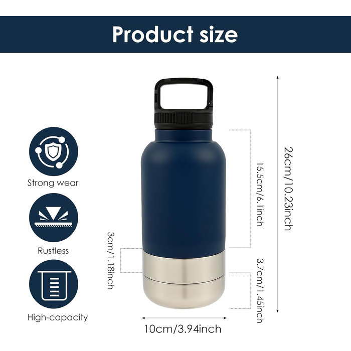 Вода для собак 3 в 1: пляшка, миска, ізоляція. 900 мл, нержавіюча сталь, BPA-Free. Ідеально для прогулянок та подорожей