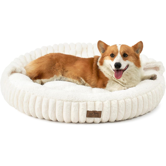 Крізьоке ліжко для собак COZY KISS з ковдрою, кругле м'яке ліжко-антистрес для собак середніх та великих порід, зручне ліжко-донат з штучним хутром та неслизьким дном (89x89x18 см, кремовий колір)