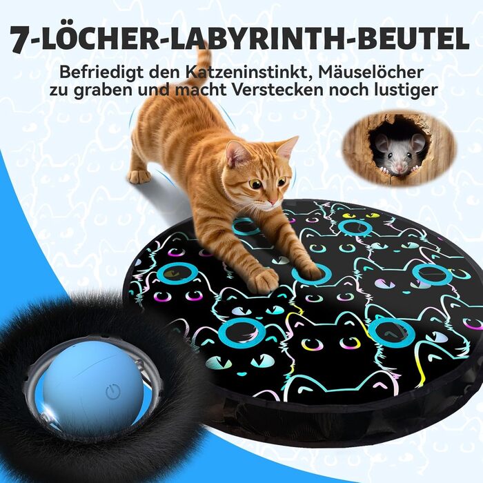 Іграшка для котів GoldenSun: м'ячик з дзижчанням, мишки на килимку, 5-дірковий хованки, блакитний колір