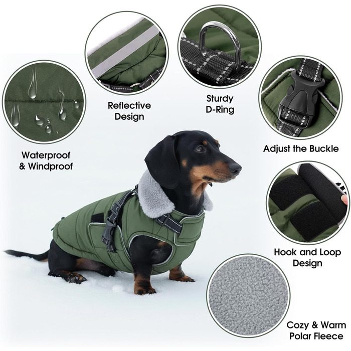 Зимовий теплий накид для собак ASENKU (S, M, L, XL) – водонепроникний, вітронепроникний, з відбиваючими елементами, з нагрудником, для маленьких, середніх та великих собак, зелений