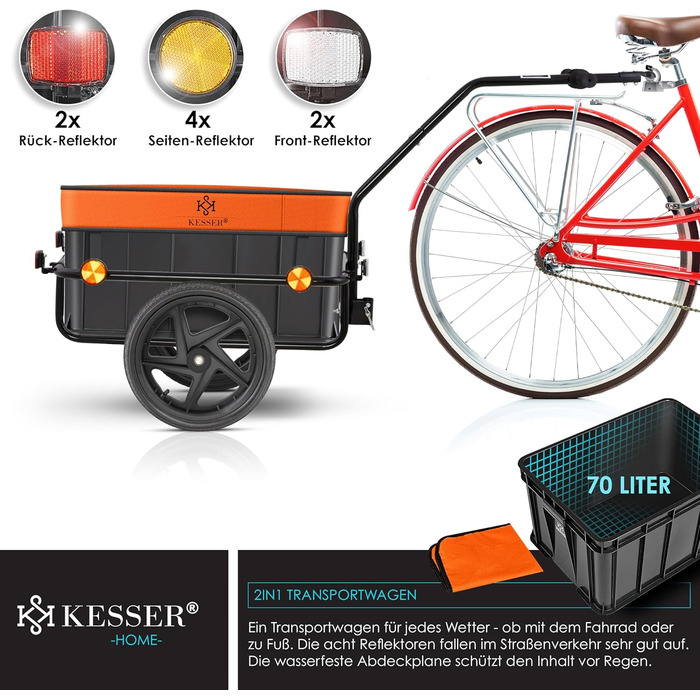 Причіп для велосипеда KESSER® з об'ємом 70 літрів, вантажний, для транспортування вантажів, сумісний з колесами 26-28 дюймів (Оранжевий)