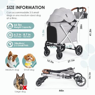 Дитяча коляска для собак Beberoad Pets X6, сіра, до 30 кг, складна, з регулюванням спинки 180° та амортизаторами