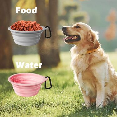 Складні миски для собак PetBonus, 2 шт. Силіконові дорожні миски для води та їжі для собак та котів, з карабіном (Сірий, Кремово-рожевий), 1000 мл