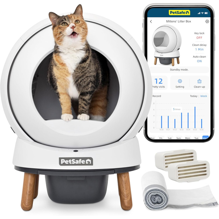 Автоматичний туалет для котів PetSafe ScoopFree SmartSpin з самоочищенням, сучасною системою контролю запаху, керуванням через додаток, моніторингом здоров'я, підходить для будь-якого наповнювача, до 2 тижнів автономної роботи