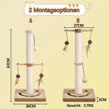 Котячий кігтеточильний стовпчик AUSCAT з інтерактивними іграшками, 63 см, бежевий