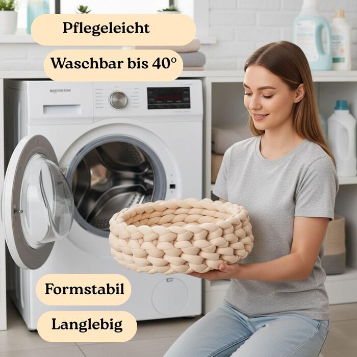 Котяче ліжко Ø40 см, 14 см висота | Плетене котяче гніздо з бавовни | М'яке, зручне котяче ліжечко для маленьких та середніх котів, миється (Крем-Абрикос)