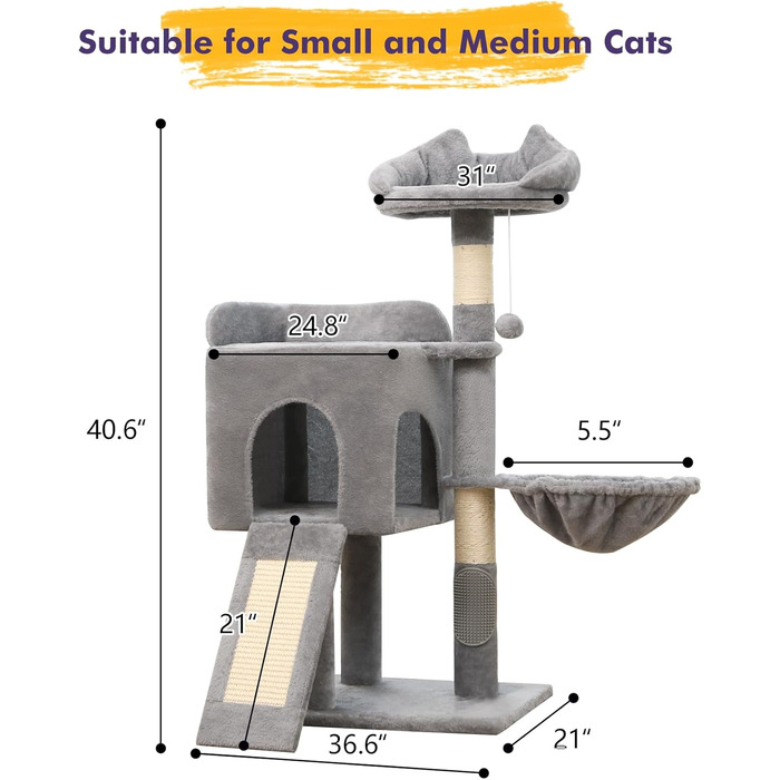 Дряпка для котів, котячий комплекс з сизалю, зручна лежанка та платформа, чорний колір