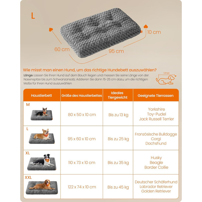 Ліжко для собак Feandrea XL, плюшеве, 110 x 73 см, для великих собак, м'яке, миється, нековзне, сірий PGW293GN01 (L 95 x 60 x 10 см)