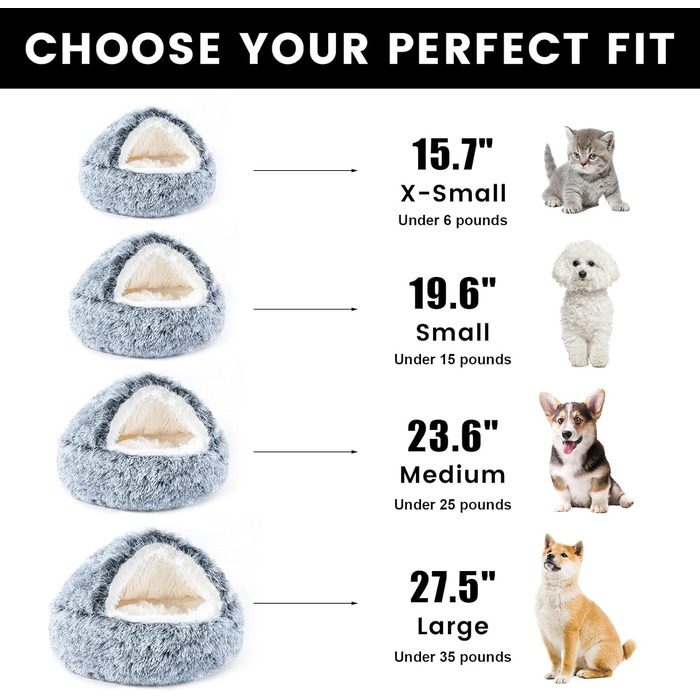 Кругле собаче ліжко NOYAL з капюшоном для маленьких та середніх тварин – плюшеве, м'яке, антистресове ліжко-печера для котів та собак, знімний чохол, середній розмір 60 см, колір: градієнт темно-сірого кольору