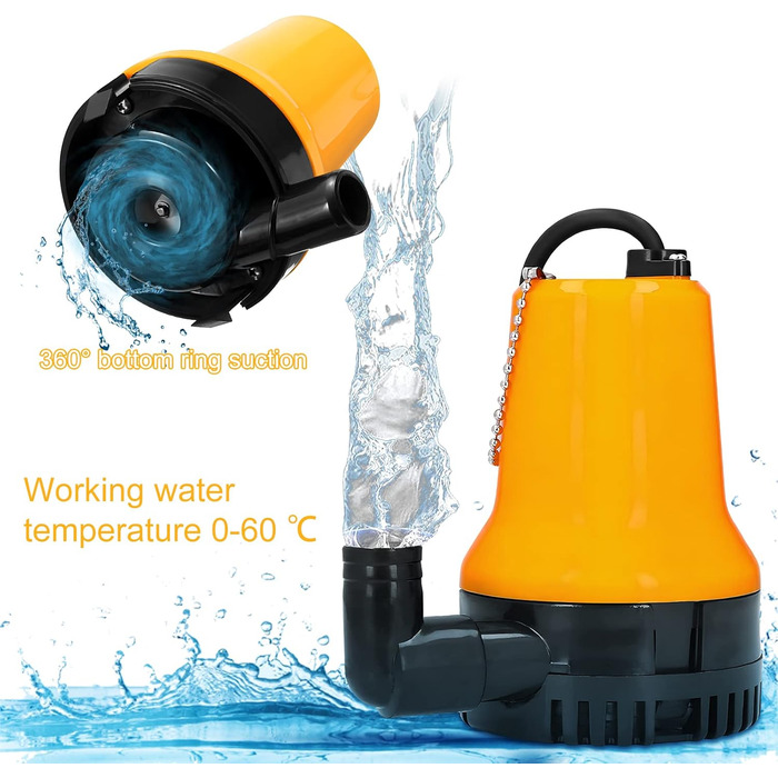 EXLECO Занурювальний насос DC 12V 50W, 4200 л/год, для брудної та чистої води, портативний, з кабелем 2,3 м, хомутом і крокодилами, для басейну, ставка, свердловини