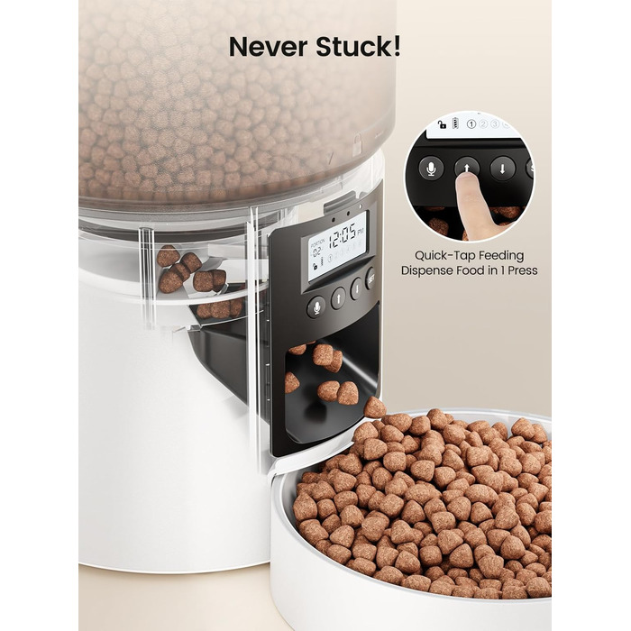 Автоматичний годівниця для котів та собак Anykuu 4L з таймером та контролем порцій. Автоматичний диспенсер для сухого корму з функцією запису (10с) для маленьких та середніх тварин, білий