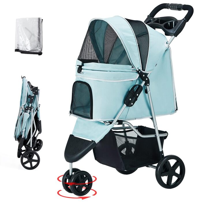 Візок для собак до 15 кг, складаний, з кошиком для зберігання, сітковими вікнами, блакитний, з дощовиком