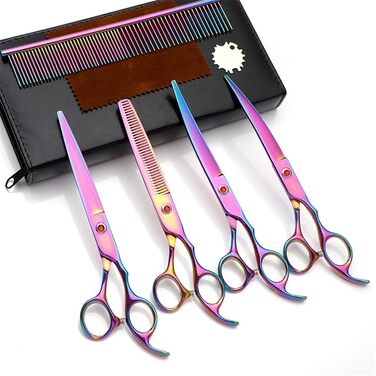 Набір професійних ножиць для грумінгу собак та котів 5-в-1, 7.0 дюймів, з нержавіючої сталі 440C, включає секатор, вигнуті та прямі ножиці, гребінець для шерсті