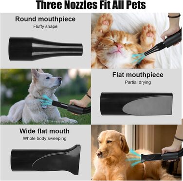 Професійний фен для собак 2800W, регульована швидкість та тепло, 4 насадки, синій