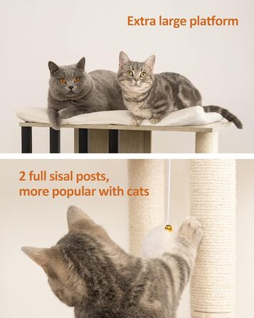 Сучасний котячий дряпак FourFurPets, 111 см, 3 рівні, 2 стовпи з сизалю, 3 великі платформи, сірий беж