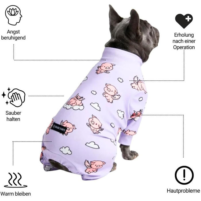 Піжама для собак Spark Paws: ультрам'яка, 4-стороння еластичність, для відновлення після операції, спальний костюм-комбінезон для маленьких, середніх та великих собак, When Pigs Fly, S (2-5 кг)