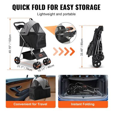 Візок для собак VEVOR, 79x46x102 см, до 16 кг, складаний, алюмінієвий каркас, Oxford 600D, сітчасті вікна, EVA колеса