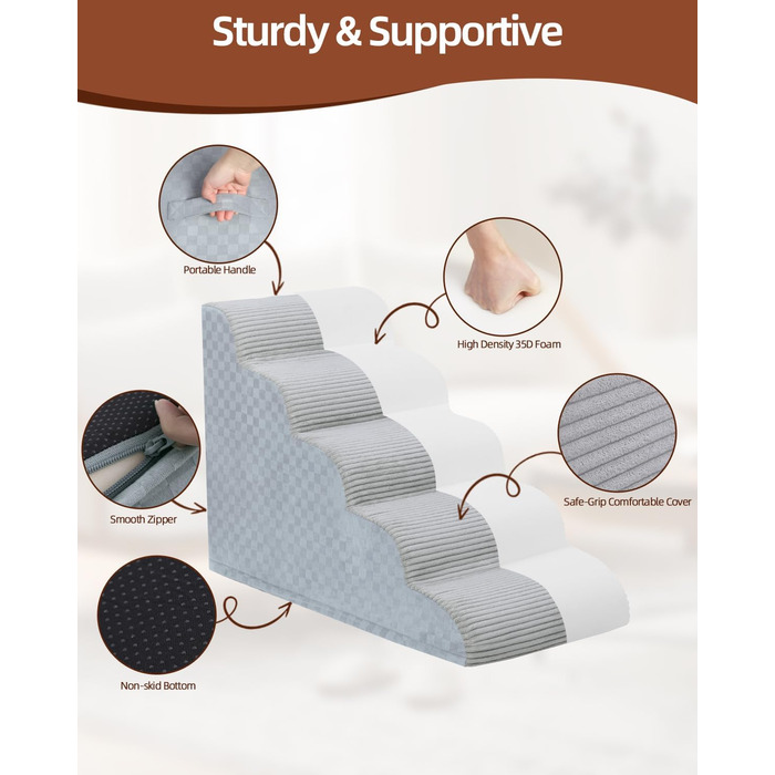 Сходинки для собак: 4-ступенева перехідна рамка для маленьких собак, сірого кольору, 49.5 см заввишки, з високощільним пінопластом та антиковзким покриттям