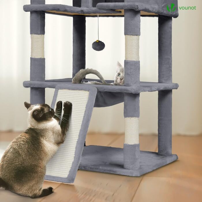 Двоповерховий котячий будиночок Vounot XXL (215 см), стійкий котячий комплекс з гамаком, корзиною та шматочками для дряпання, сірий