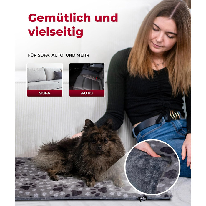 Лежак для собак HS-Hundebett® S 55x75 см, двосторонній, м'який, сірий з лапкою, для дивану, авто і клітки, 3 см наповнювач, вироблено в Німеччині