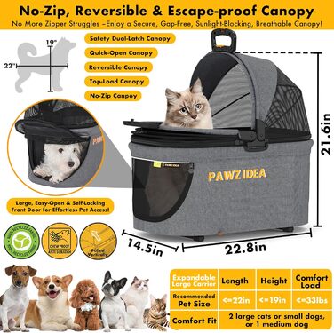 Автокрісло для тварин PAWZIDEA - сіре, до 15 кг, знімні та миючі подушки