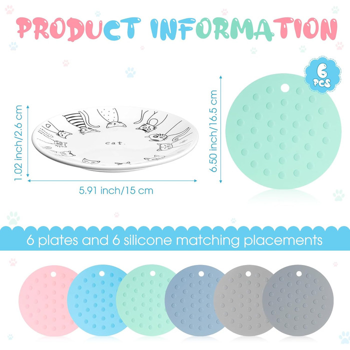 Набір мисок для котів Thenshop (6 шт.) з антиковзними килимками, керамічні годівниці, для котів, кошенят, цуценят, кроликів та хом'яків, білий, блакитний, світло-блакитний, сірий, зелений, рожевий, світло-сірий, класичний стиль