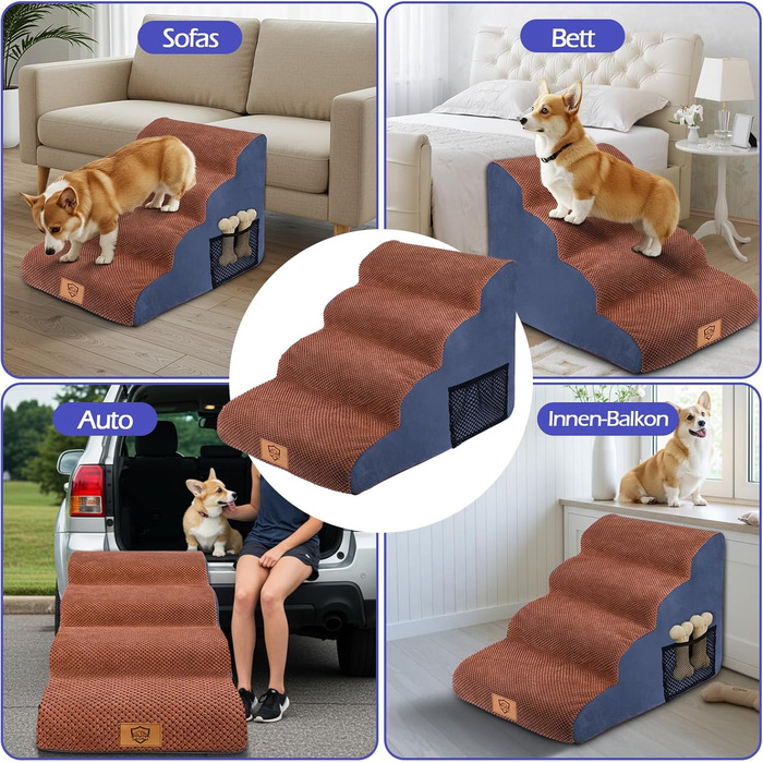 Сходинки для собак та котів: 4-ступенева переносна драбинка з високощільних матеріалів, коричнева