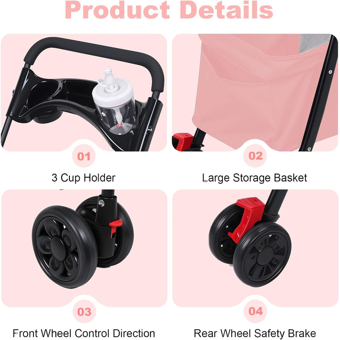 Kamulouk Візок для собак з 4 колесами, туристичний, для вигулу домашніх тварин, з тримачем для напоїв, універсальний для котів та собак, з дихаючою сіткою, для середніх та маленьких собак (Рожевий)