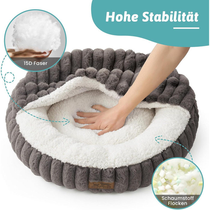 Кругле ліжко для собак COZY KISS з ковдрою, антистресове, для середніх та великих собак, м'яке, з штучним хутром та неслизьким дном (89x89x18 см, сірий)