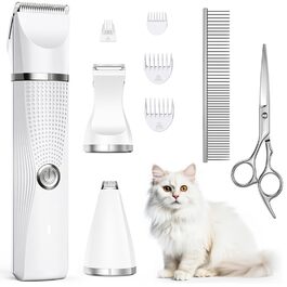 Машинка для стрижки тварин Leise Katze Set: професійна машинка для котів та собак з насадкою, ножицями та гребінцем, USB-C зарядка, біла