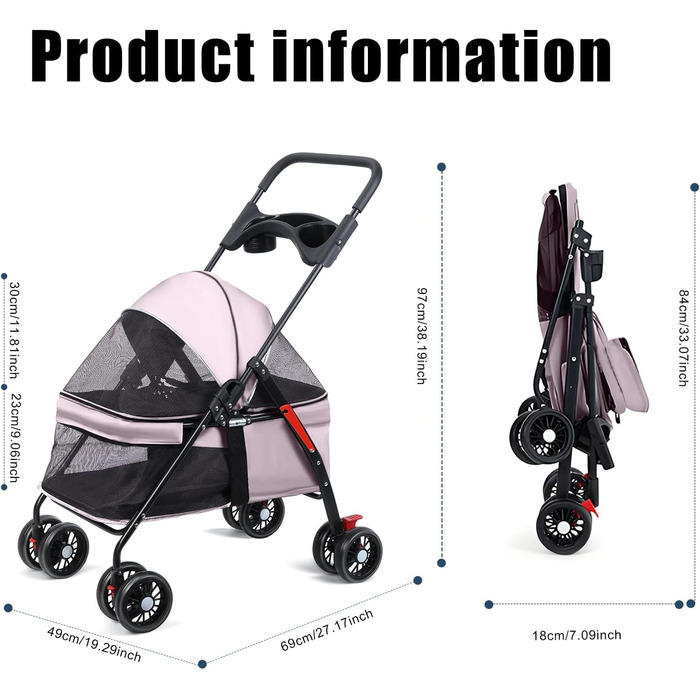 Дитяча коляска для домашніх тварин: маленькі собаки та коти, складана переноска з поворотними колесами 360°, подвійна засувка, регульований капюшон 180°, зручна сітка (рожева)