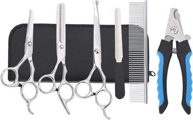 Набір професійних ножиць для собак з витончувальними ножицями, кусачками для нігтів та гребінцем - для всіх пухнастих домашніх тварин, сріблястого кольору, 15,5 x 5,5 см