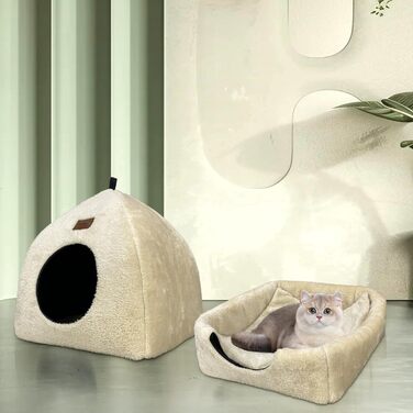 Котяча хатка Whiwhi для дому, складаний будиночок намет для котів з м'якою плюшевою подушкою, бежевий, розміри 45x45x41 см та 33x33x35 см