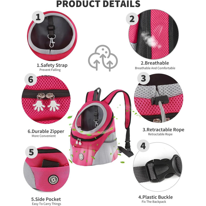 PETCUTE Рюкзак-переноска для собак і котів, регульований, для маленьких тварин, з підкладкою, водонепроникний, дихаючий, з передньою кишенею та страхувальним гачком, для походів, колір Рожево-червоний