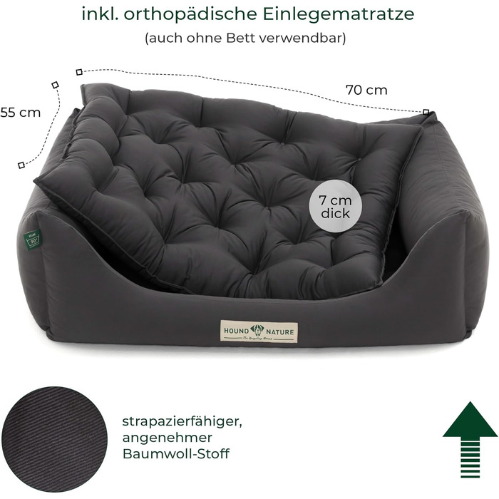 Ортопедичне ліжко для собак HOUND & NATURE Zermatt, корзина для собак середніх порід з високим бортиком, м'яке собаче ліжко з подушкою, яку можна прати (M - 95x70 см, сірий)