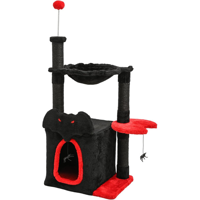 BYBYME Готичний кігтеточка для Хелловіну, 84.5 см, стійкий комплекс для котів з ліжком, будиночком, гамаком, кігтеточками з сизалю, багатофункціональна котяча іграшка (Чорний/Червоний), підлоговий, 96.5 см