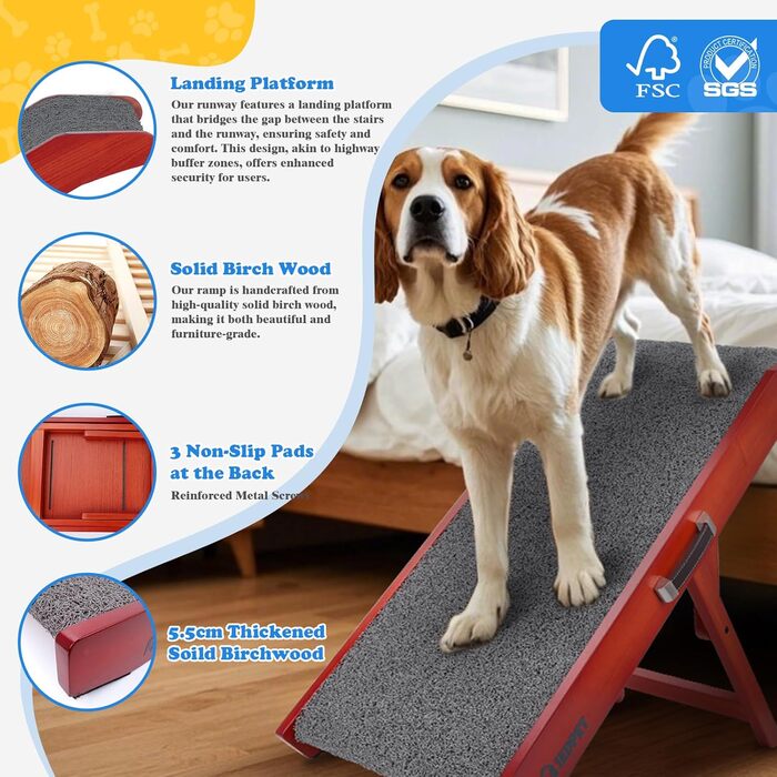 Рампа для собак Hunderampe - регульована, 34-61,5 см, з покриттям, що миється, з берези. Складана, антиковзка, для маленьких та великих собак (XL)