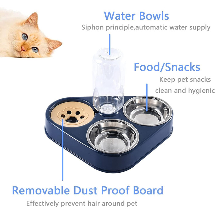 Миска для кота з нержавіючої сталі 3-в-1 з автоматичним дозатором води, подвійна миска для котів та собак маленьких та середніх порід (Блакитна)