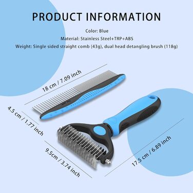Професійна щітка для собак та котів 2 шт., з нержавіючої сталі, TPR-ручка, 2-в-1 розпушувач та вичіска для собак та котів – видаляє відмерле волосся, ковтуни, вузли (Блакитна)