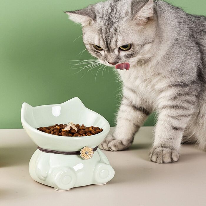 Миска для кота Disoza, піднята, кераміка, зелена, 14.8x14.6x14.3 см, у формі кота, миска для корму, аксесуар для годівниці, придатна для миття в посудомийній машині