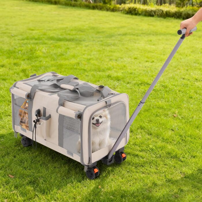 Транспортна переноска для котів та собак на 2 тварин з колесами, 17,5 кг, для прогулянок та парку (Бежевий)