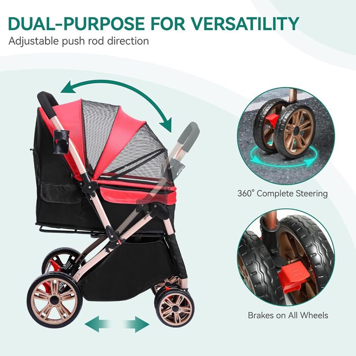 Візок для собак YITAHOME, червоний, для маленьких собак, з обертовим ручками, сітковими вікнами та гальмами