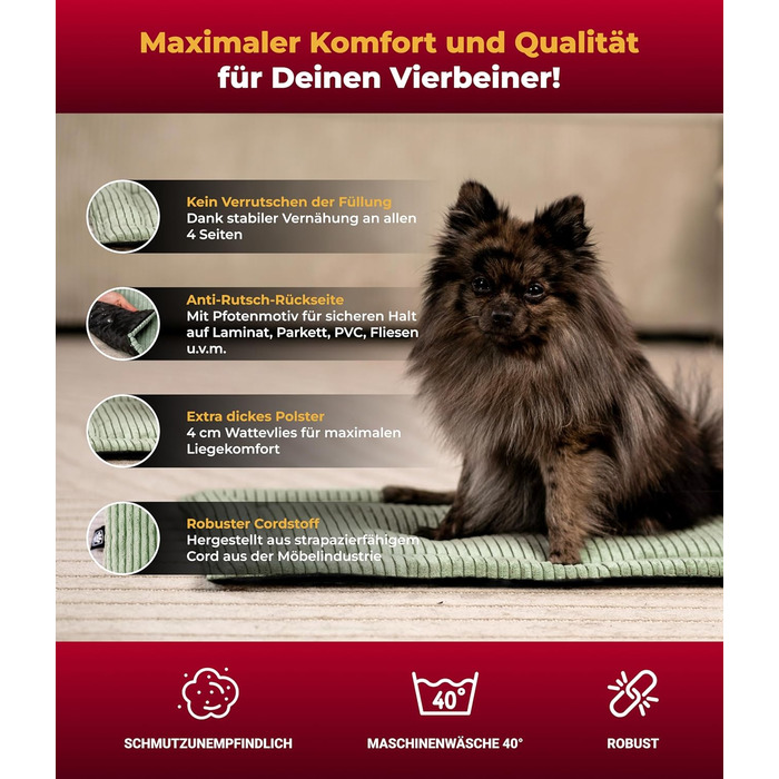 Килимок для собак HS-Hundebett® з підкладкою Cord, XS – антиковзаюча функція, м'яка ковдра для собак, затишне місце для відпочинку – виготовлено в Німеччині (зелений, 55x75 см)