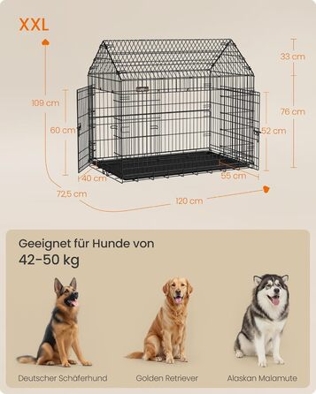 Клітка для собак Feandrea, 120 x 72,5 x 109 см, металева, XXL, для великих собак, з подвійною дверцятами, чорна, PPD015B01
