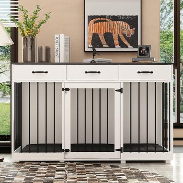 Клітка для собак для дому, металева, XXL, з шухлядами, 137 x 57 x 85 см, чорно-біла