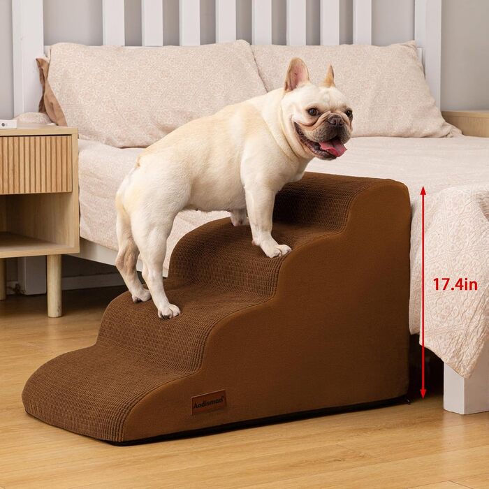 Сходинка для собак та котів на 4 сходинки, коричнева, 40 см. Стабільна, з антиковзким покриттям.