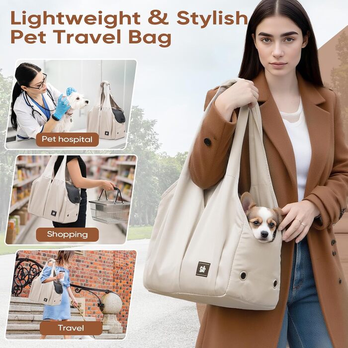 Сумка-переноска для собак, котів та цуценят – м'які боки, зручна для подорожей, з 4 кишенями, складна, легка, до 6,8 кг, для подорожей, до ветеринара, на прогулянку, бежева