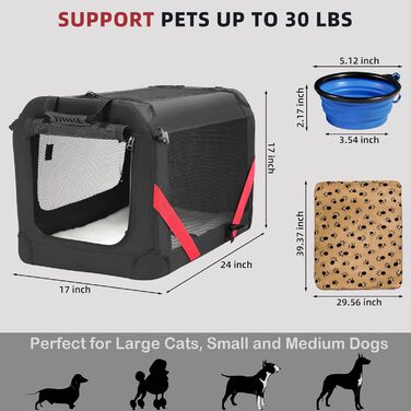 Велика переноска для котів Petprsco, для двох котів або маленьких і середніх собак, м'яка сумка для перевезення тварин 61x43x43 см, для подорожей, з теплою ковдрою, складною мискою та пральною підстилкою