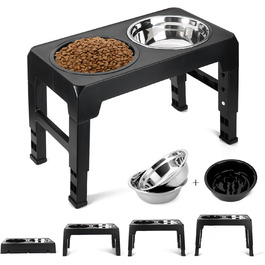 Підвищена годівниця для собак з регулюванням висоти, 4 положення, 2 миски з нержавіючої сталі та 1 миска для повільного годування, станція для годування собак великих, середніх та маленьких порід