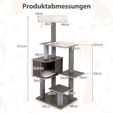 Дерев'яний кігтеточки для котів COSTWAY 151 см з платформами, печерею, кігтеточками та іграшками, сірий
